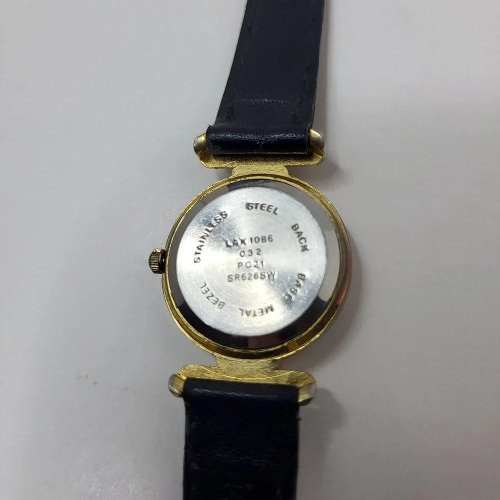 LA Express Watch Women Gold Stainless Steel Batt Black Leather‎ Band Quartz